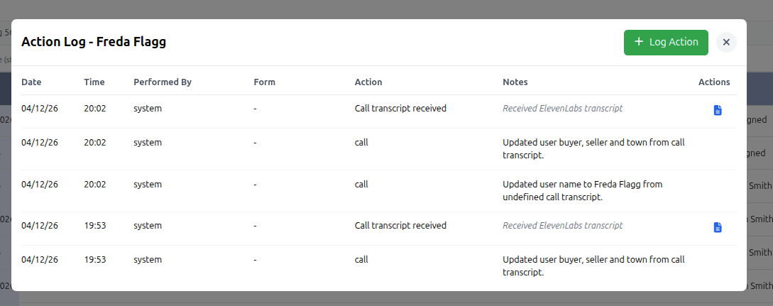 Action log timeline showing events triggered during call handling.