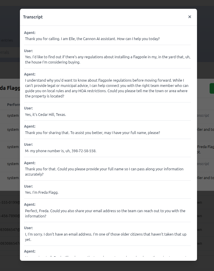 Conversation transcript panel with AI call details and context.