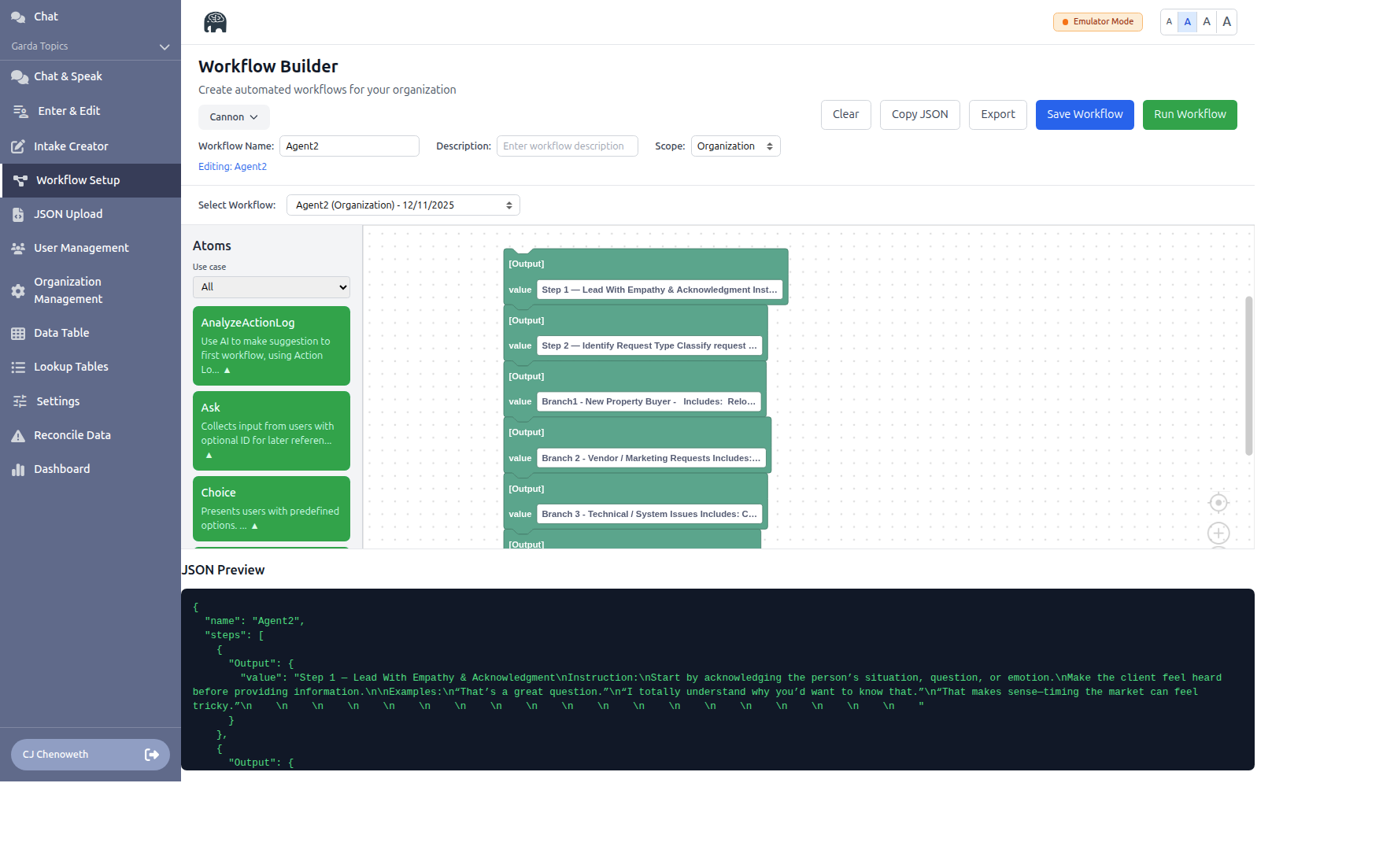 Workflow builder view showing call routing and automation steps.